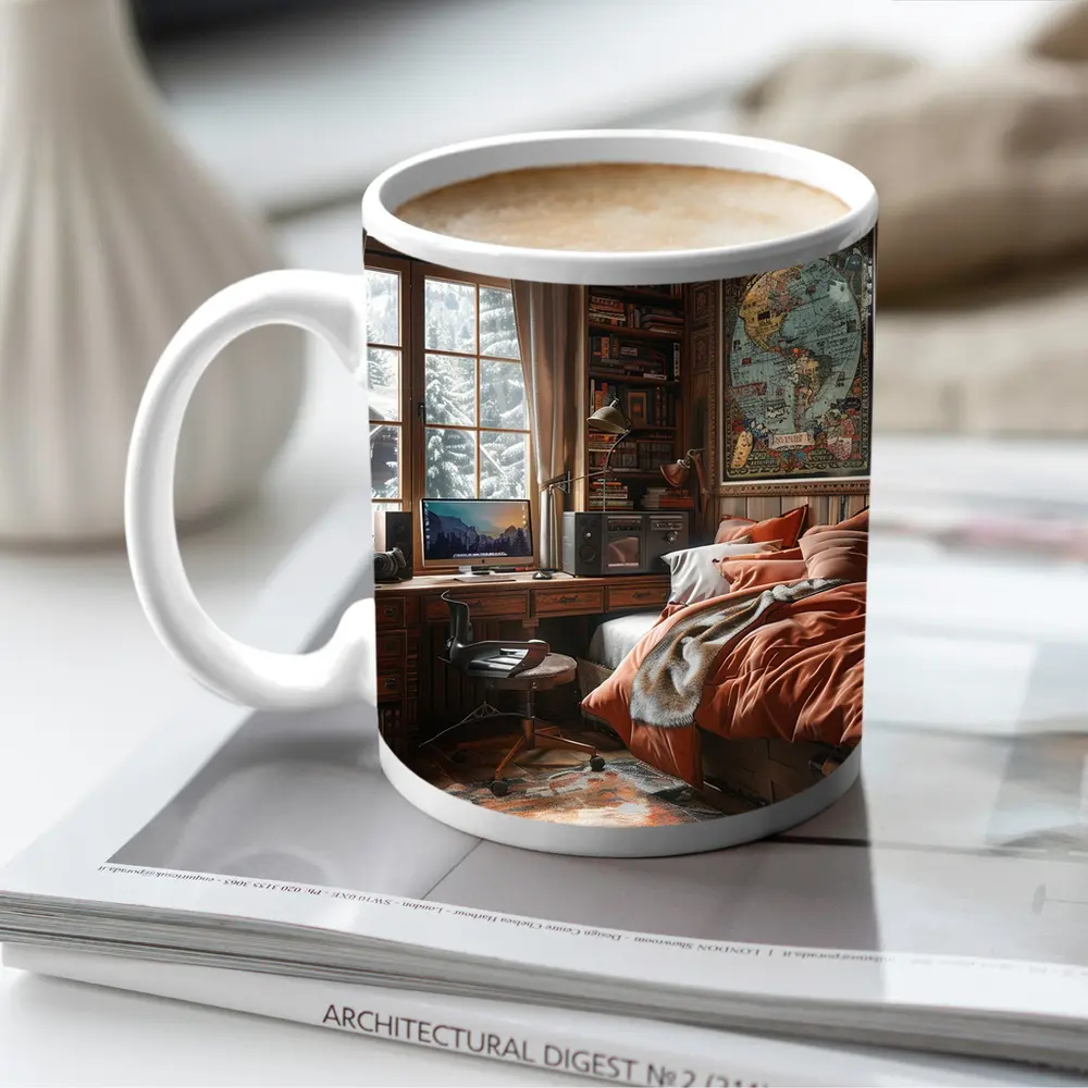 Cozy Wooden Cabin Bedroom With World Map – Mugs