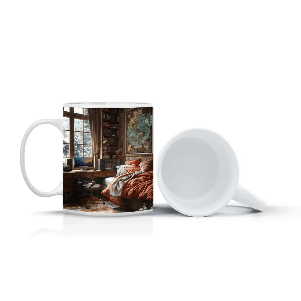 Cozy Wooden Cabin Bedroom With World Map – Mugs