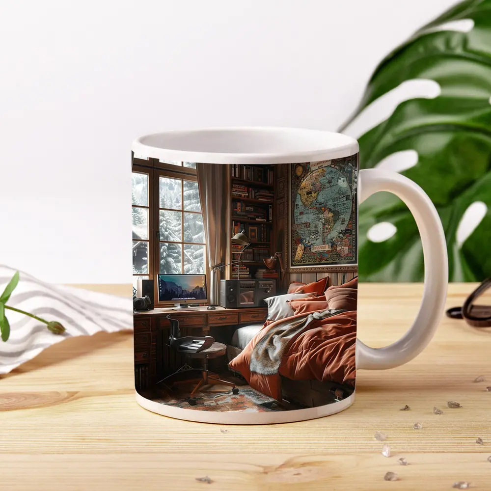 Cozy Wooden Cabin Bedroom With World Map – Mugs