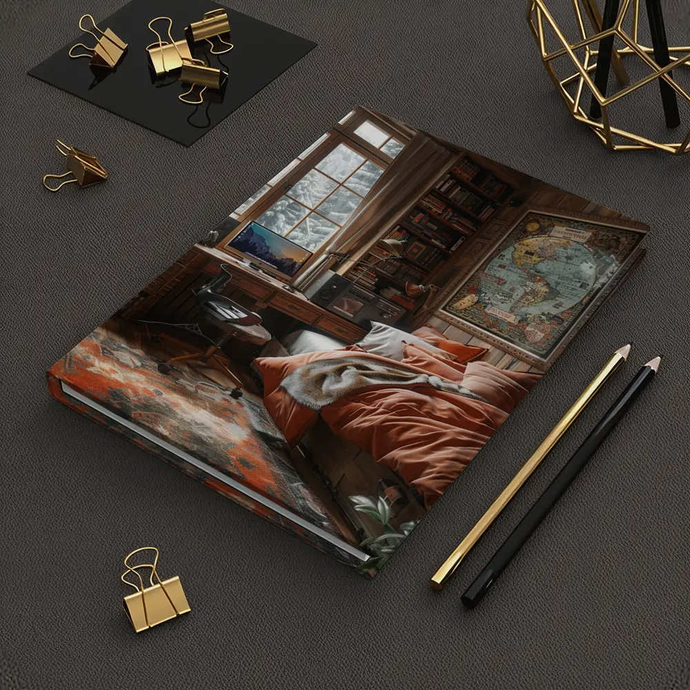 Cozy Wooden Cabin Bedroom With World Map – Notebooks