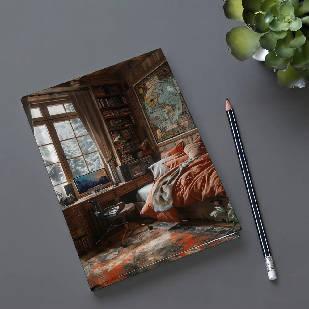 Cozy Wooden Cabin Bedroom With World Map – Notebooks