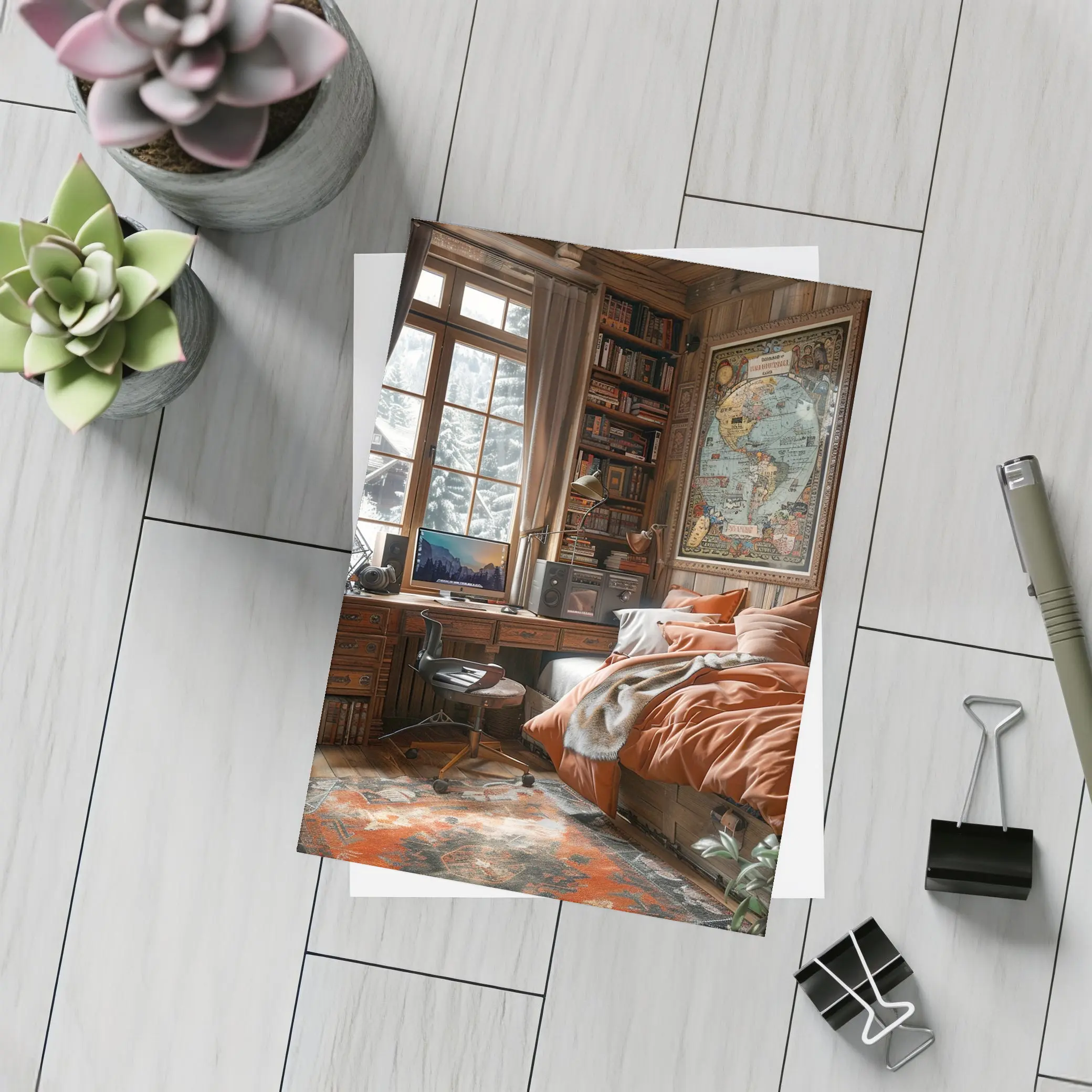 Cozy Wooden Cabin Bedroom With World Map – Postcards