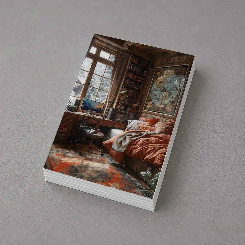 Cozy Wooden Cabin Bedroom With World Map – Postcards