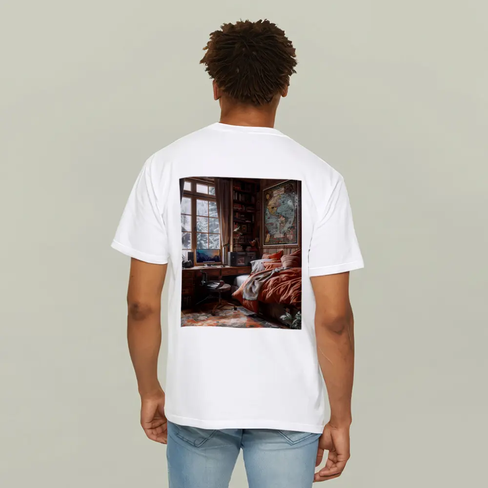 Cozy Wooden Cabin Bedroom With World Map – T-Shirts