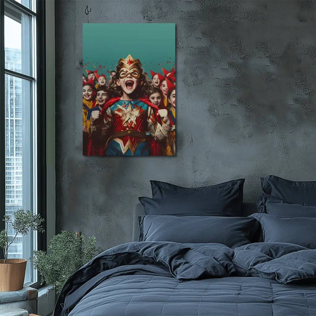 Girl Superhero Costume Kids Celebration Teal Background – Wall Art