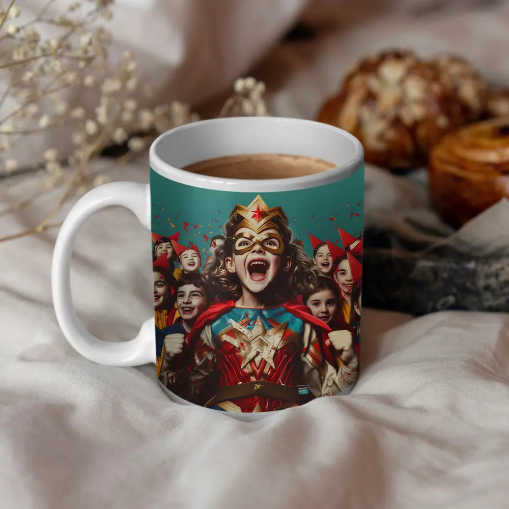 Girl Superhero Costume Kids Celebration Teal Background – Mugs
