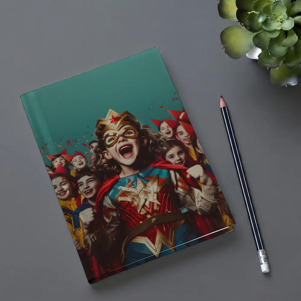 Girl Superhero Costume Kids Celebration Teal Background – Notebooks