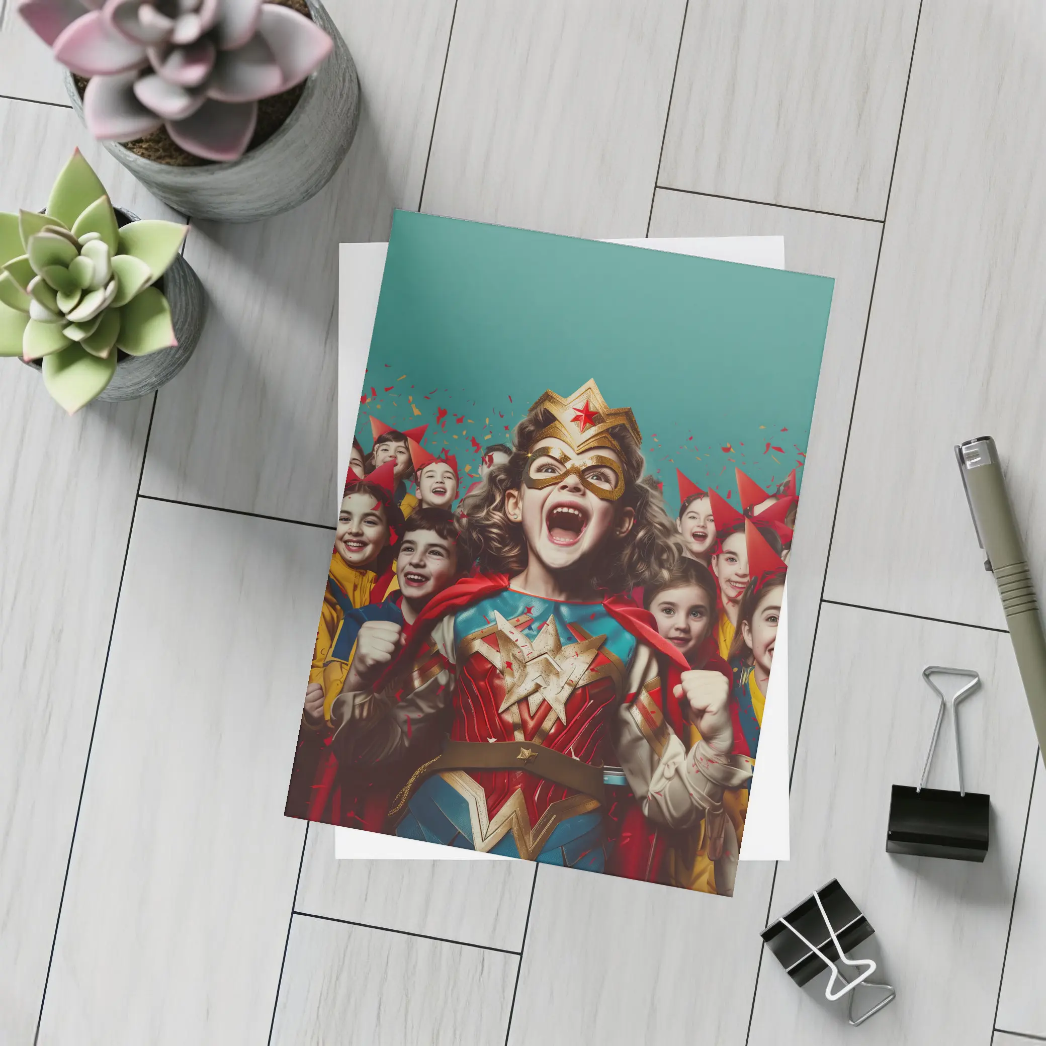Girl Superhero Costume Kids Celebration Teal Background – Postcards