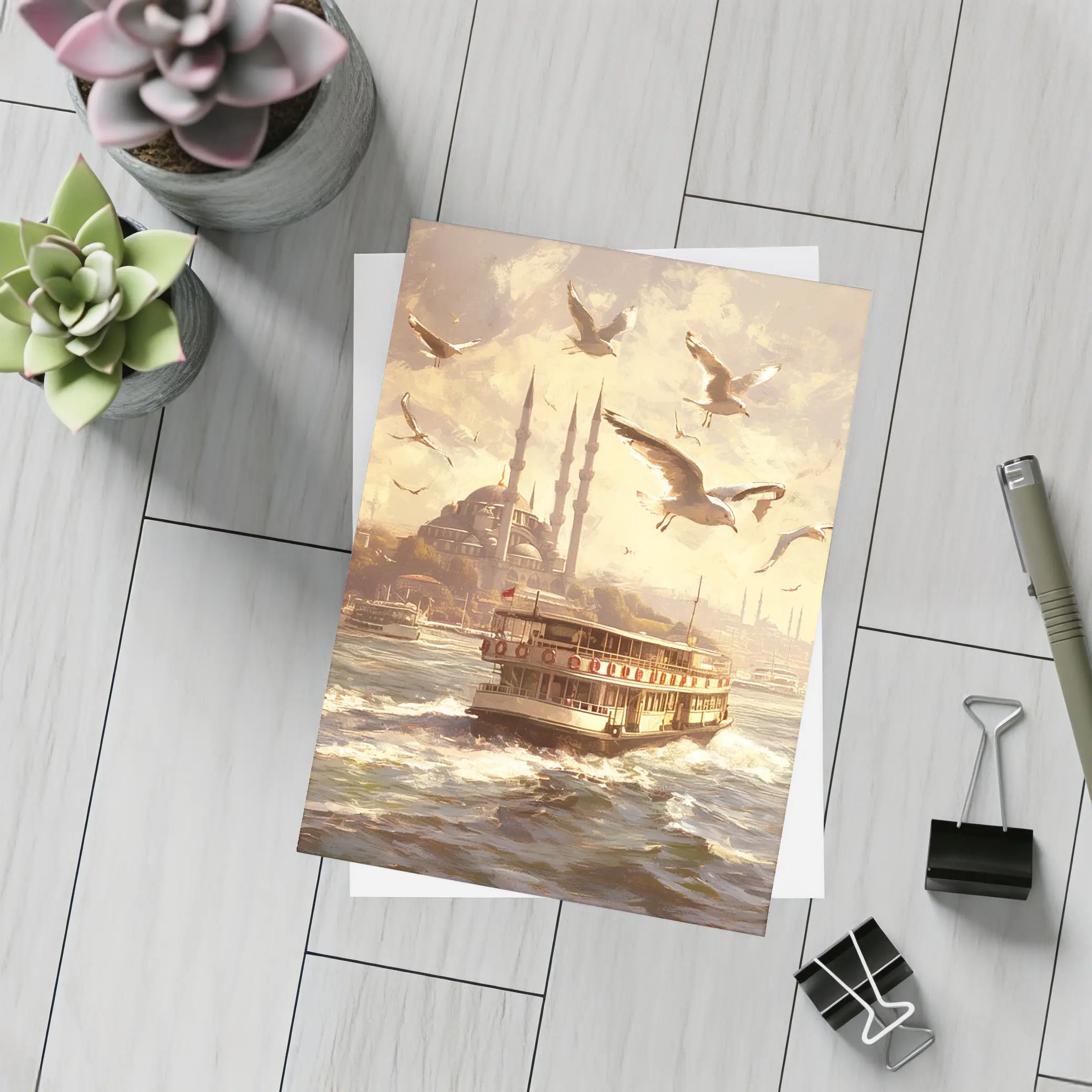 Istanbul Ferry Bosphorus Seagulls Mosque Art – Postcards
