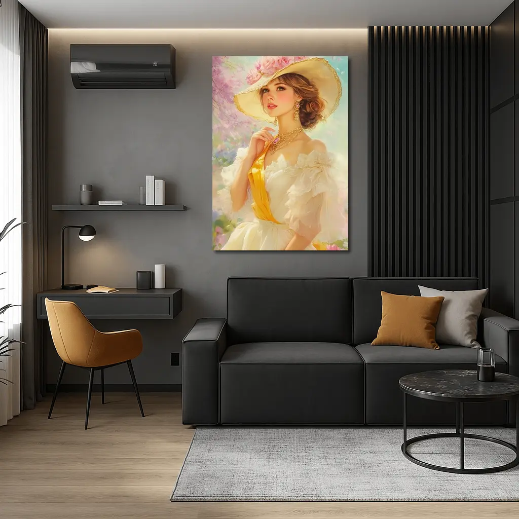 Elegant Woman Wide Hat Floral Garden Painting – Wall Art