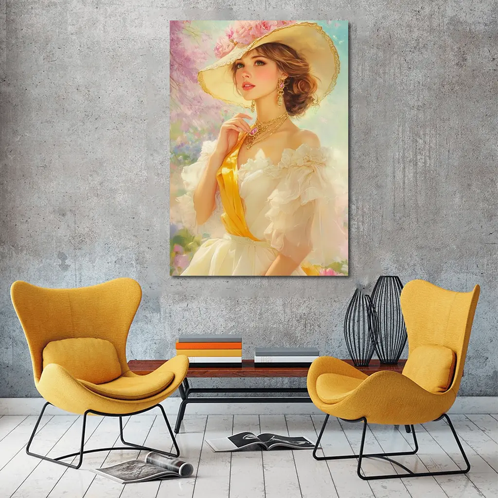 Elegant Woman Wide Hat Floral Garden Painting – Wall Art
