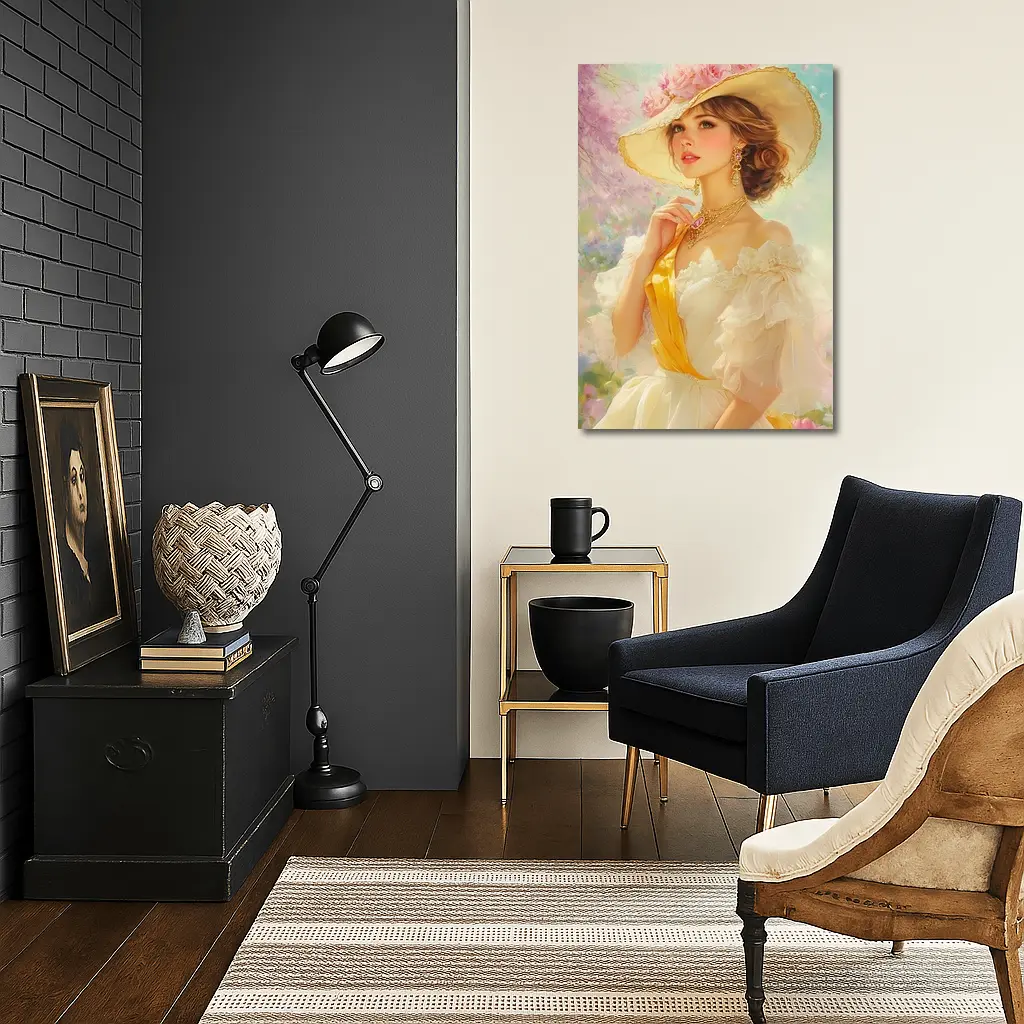 Elegant Woman Wide Hat Floral Garden Painting – Wall Art