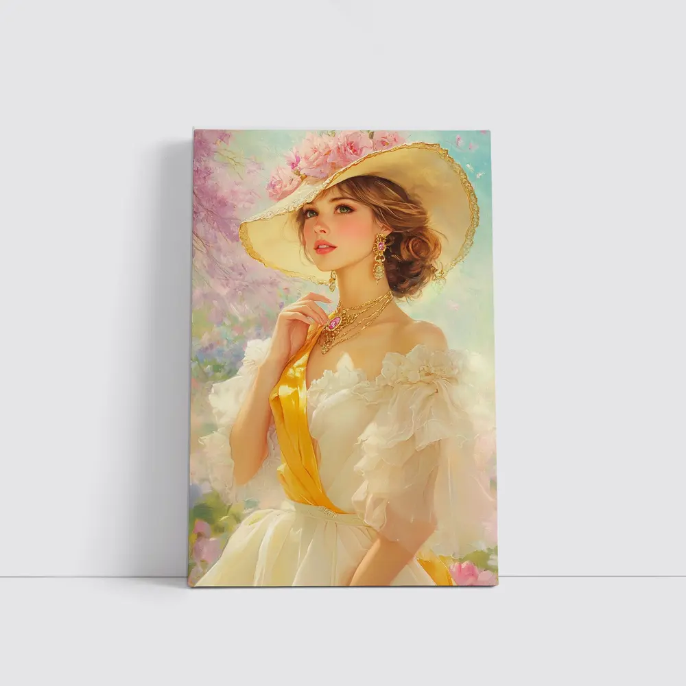 Elegant Woman Wide Hat Floral Garden Painting – Wall Art