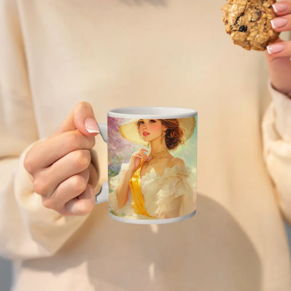 Elegant Woman Wide Hat Floral Garden Painting – Mugs