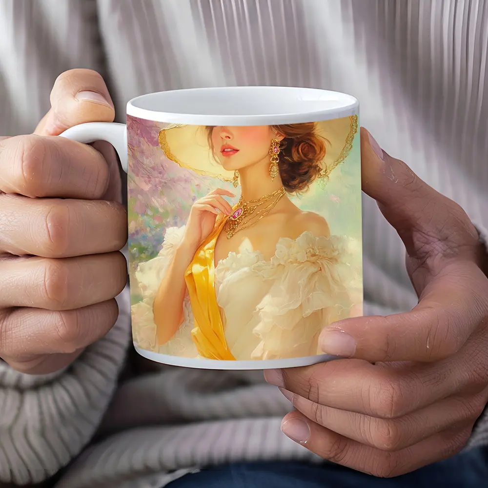 Elegant Woman Wide Hat Floral Garden Painting – Mugs