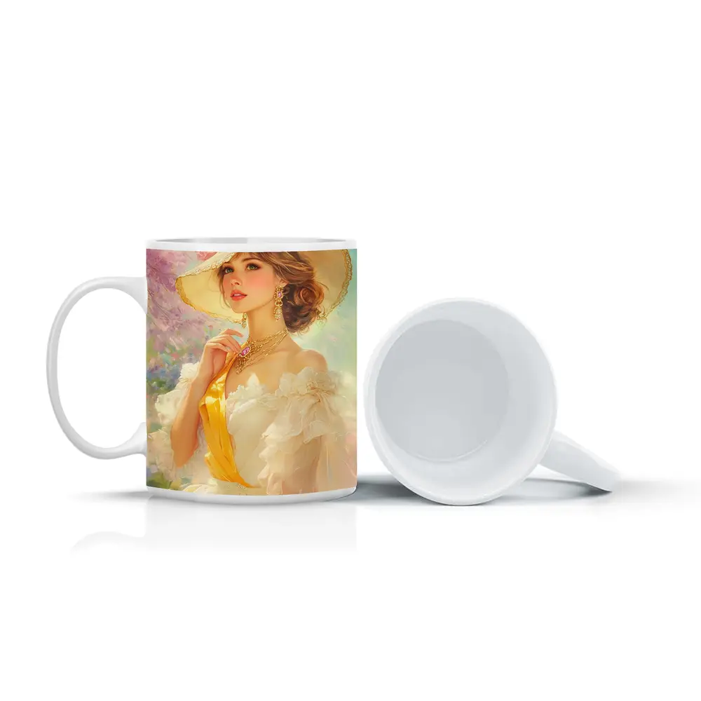 Elegant Woman Wide Hat Floral Garden Painting – Mugs