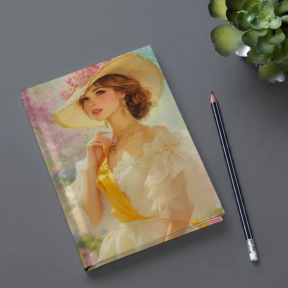 Elegant Woman Wide Hat Floral Garden Painting – Notebooks
