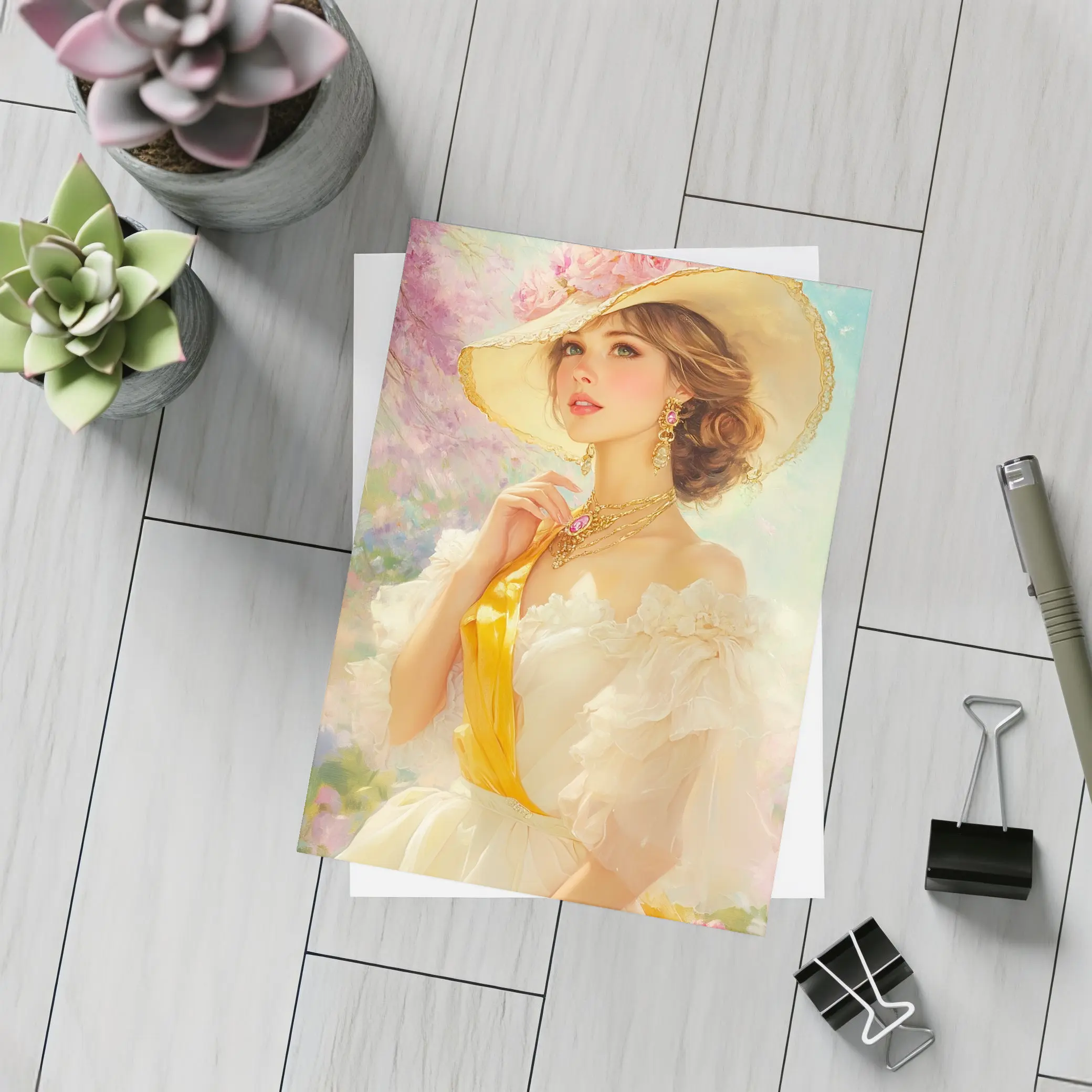 Elegant Woman Wide Hat Floral Garden Painting – Postcards