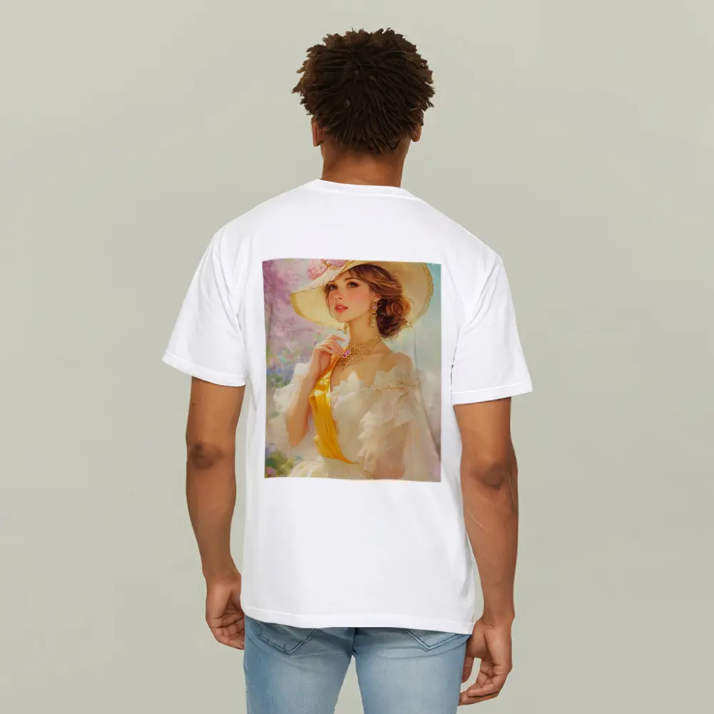 Elegant Woman Wide Hat Floral Garden Painting – T-Shirts
