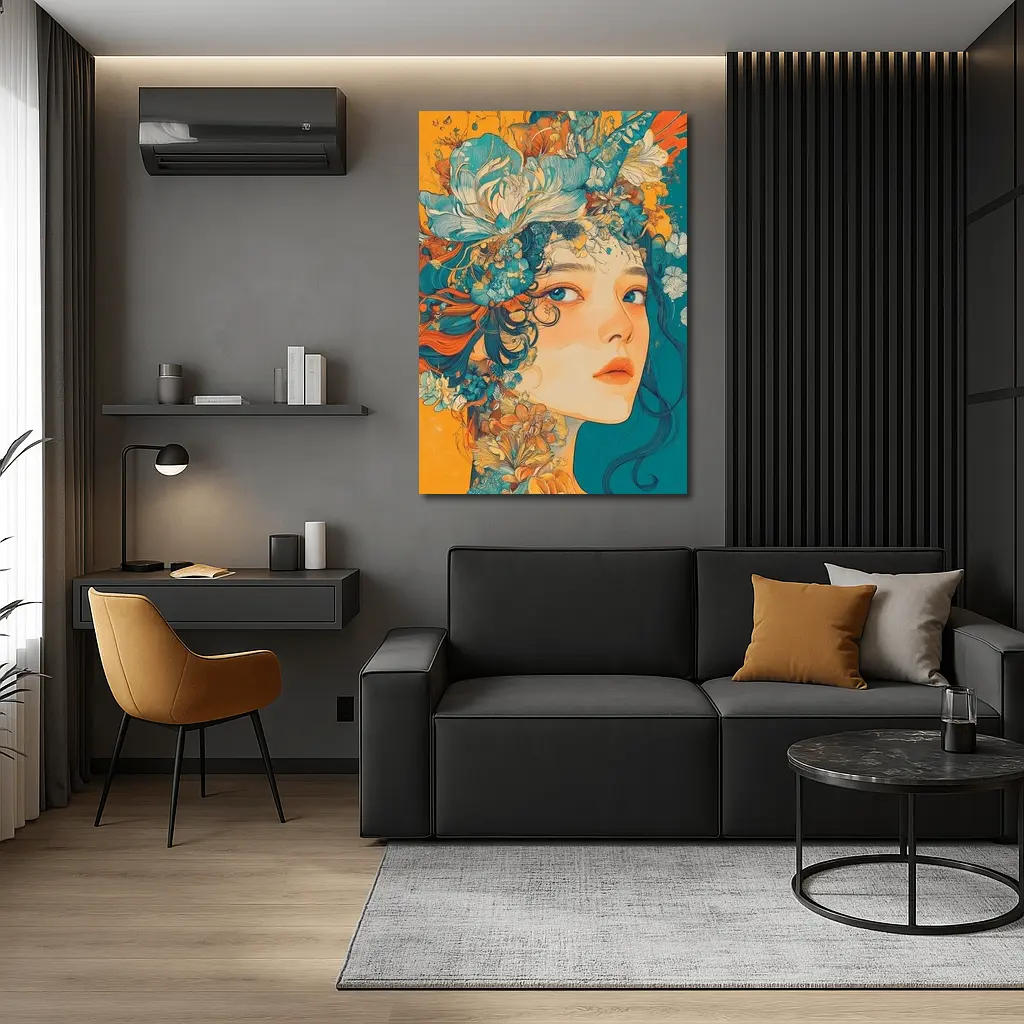 Floral Crown Woman Portrait Orange Teal Background – Wall Art