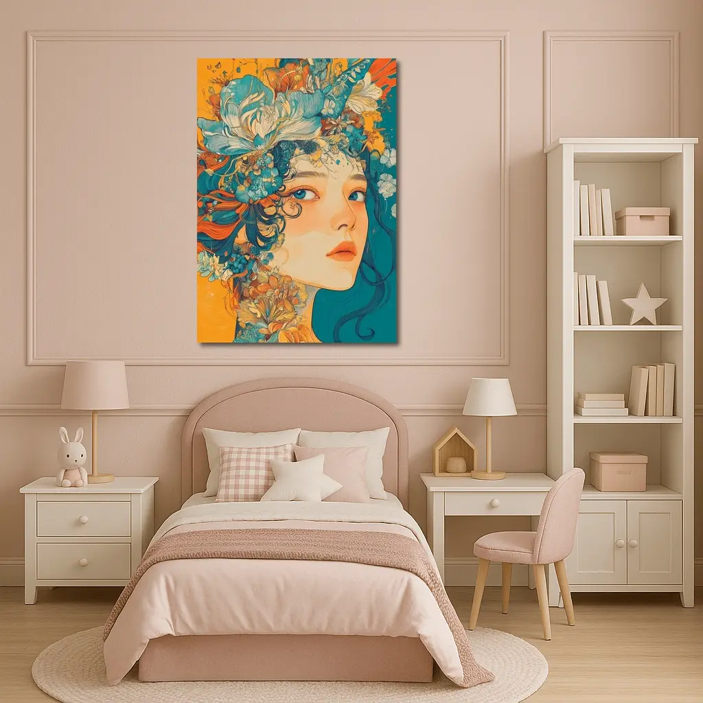 Floral Crown Woman Portrait Orange Teal Background – Wall Art