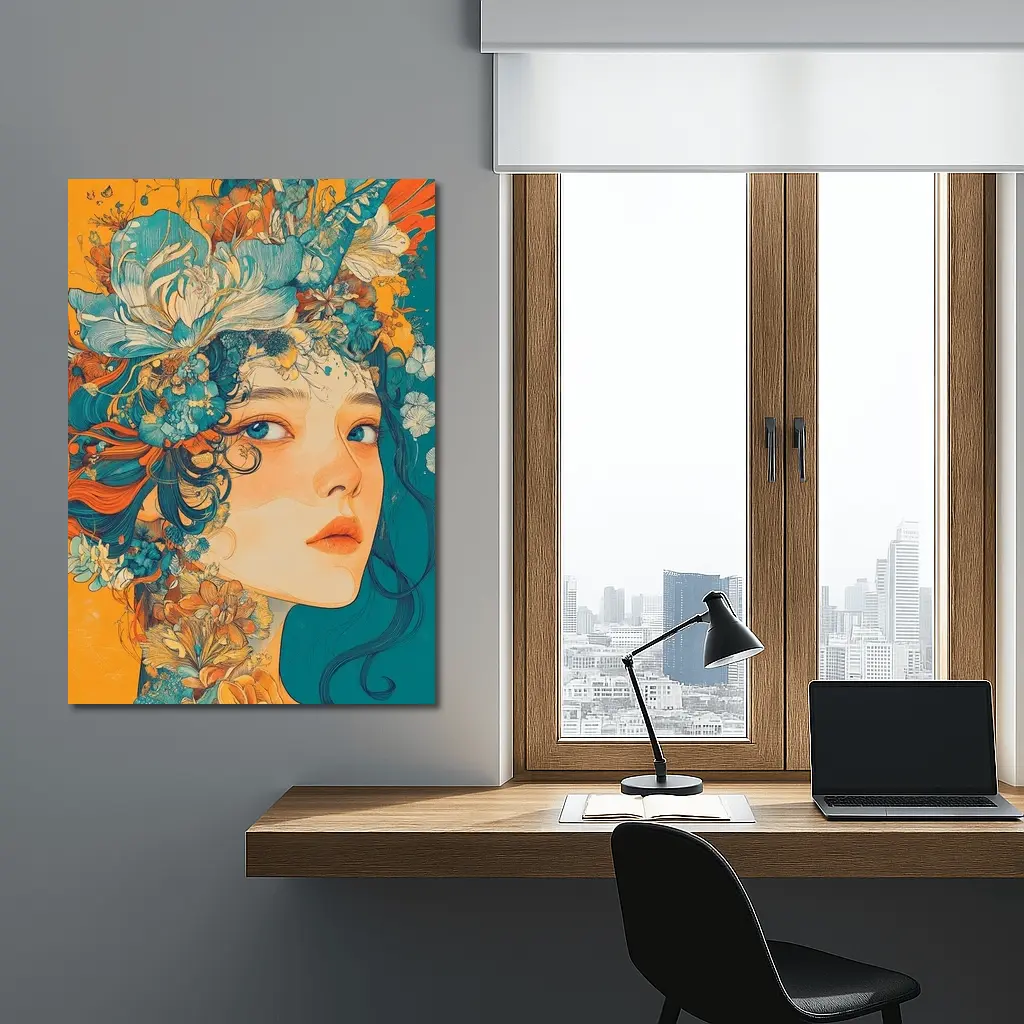 Floral Crown Woman Portrait Orange Teal Background – Wall Art