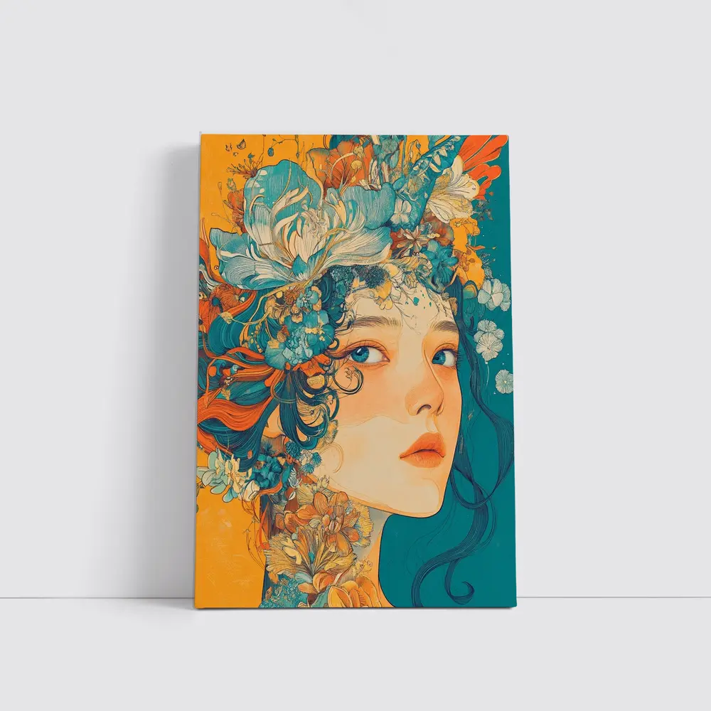 Floral Crown Woman Portrait Orange Teal Background – Wall Art