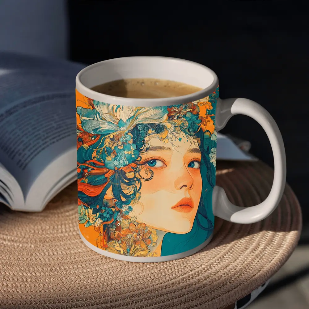 Floral Crown Woman Portrait Orange Teal Background – Mugs