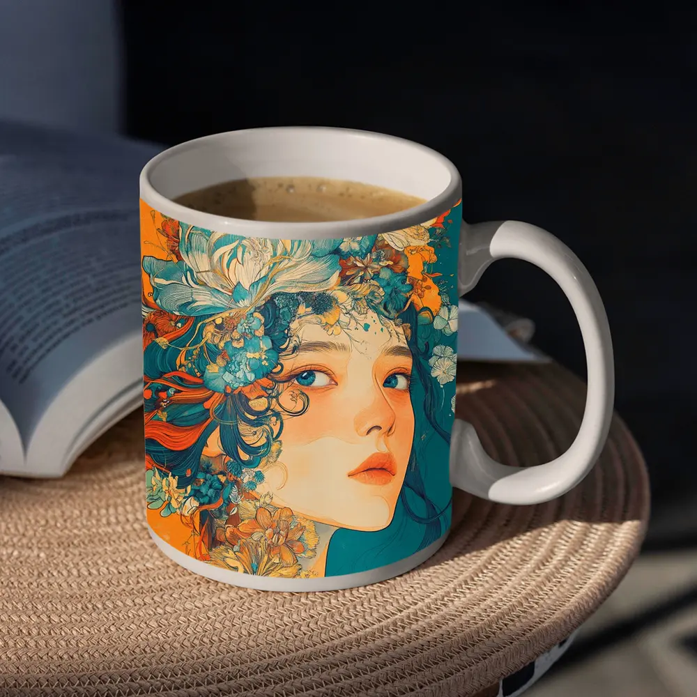 Floral Crown Woman Portrait Orange Teal Background – Mugs