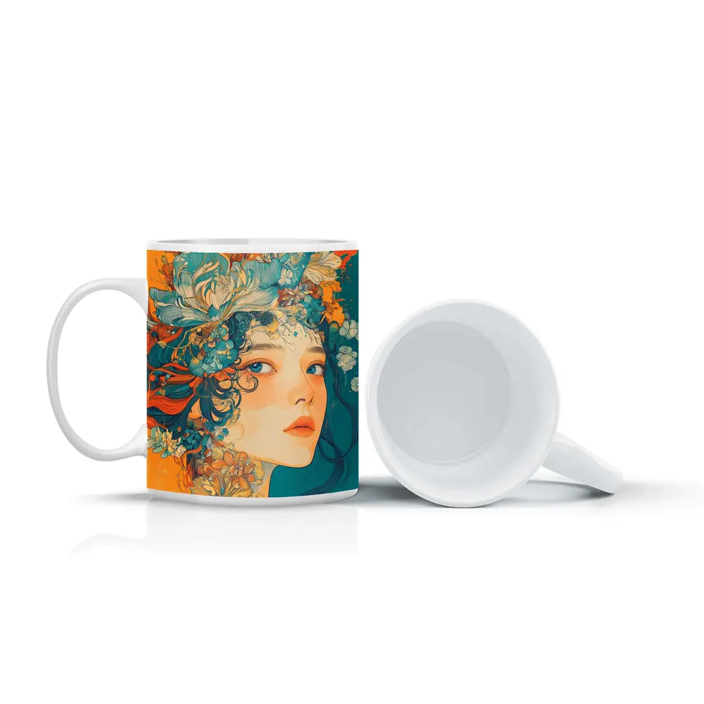 Floral Crown Woman Portrait Orange Teal Background – Mugs