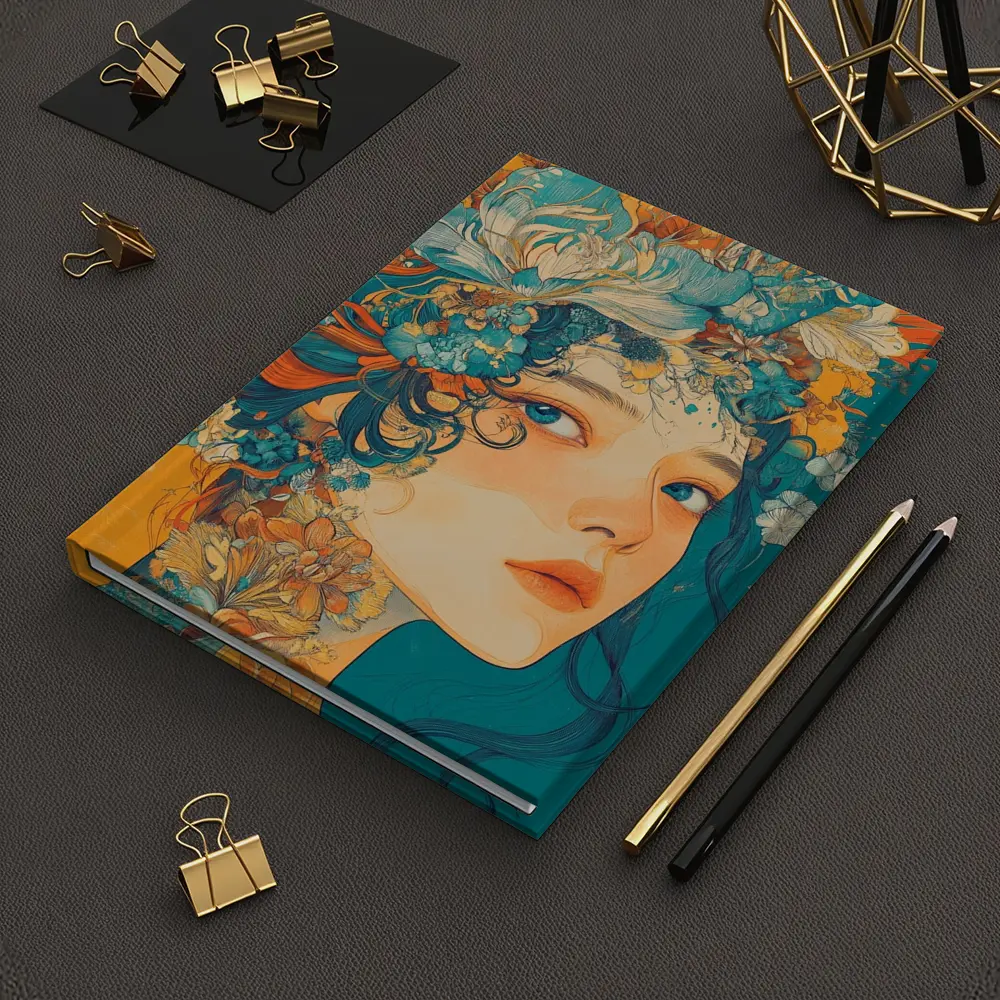 Floral Crown Woman Portrait Orange Teal Background – Notebooks