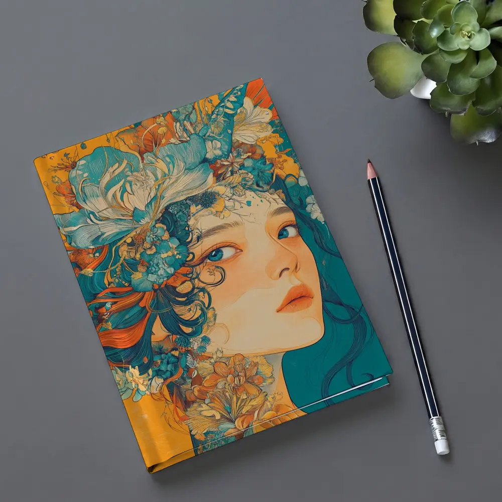 Floral Crown Woman Portrait Orange Teal Background – Notebooks