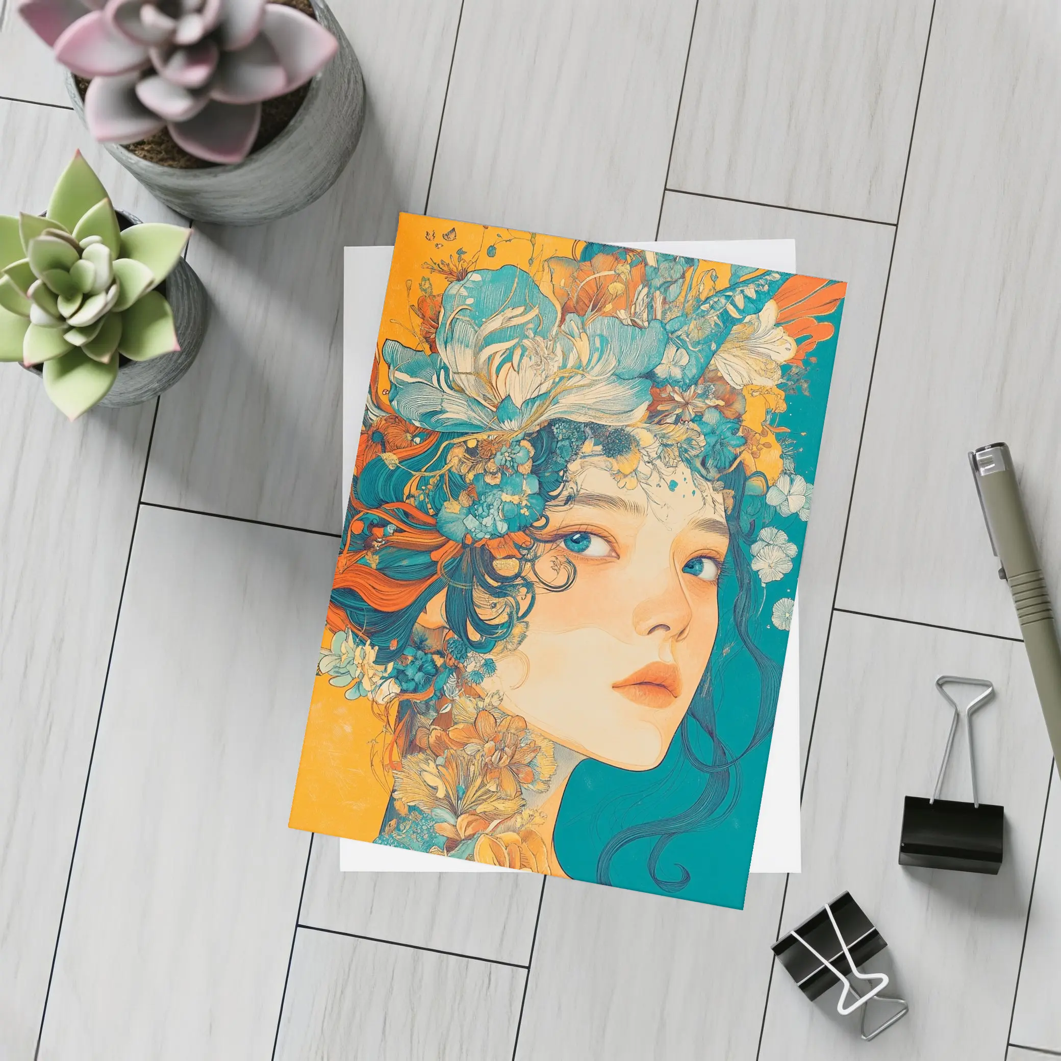 Floral Crown Woman Portrait Orange Teal Background – Postcards