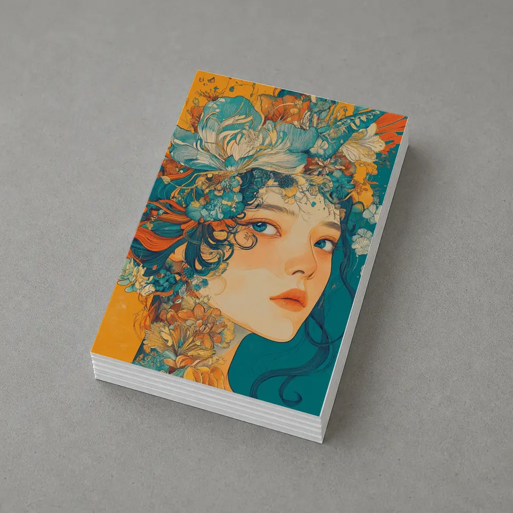 Floral Crown Woman Portrait Orange Teal Background – Postcards