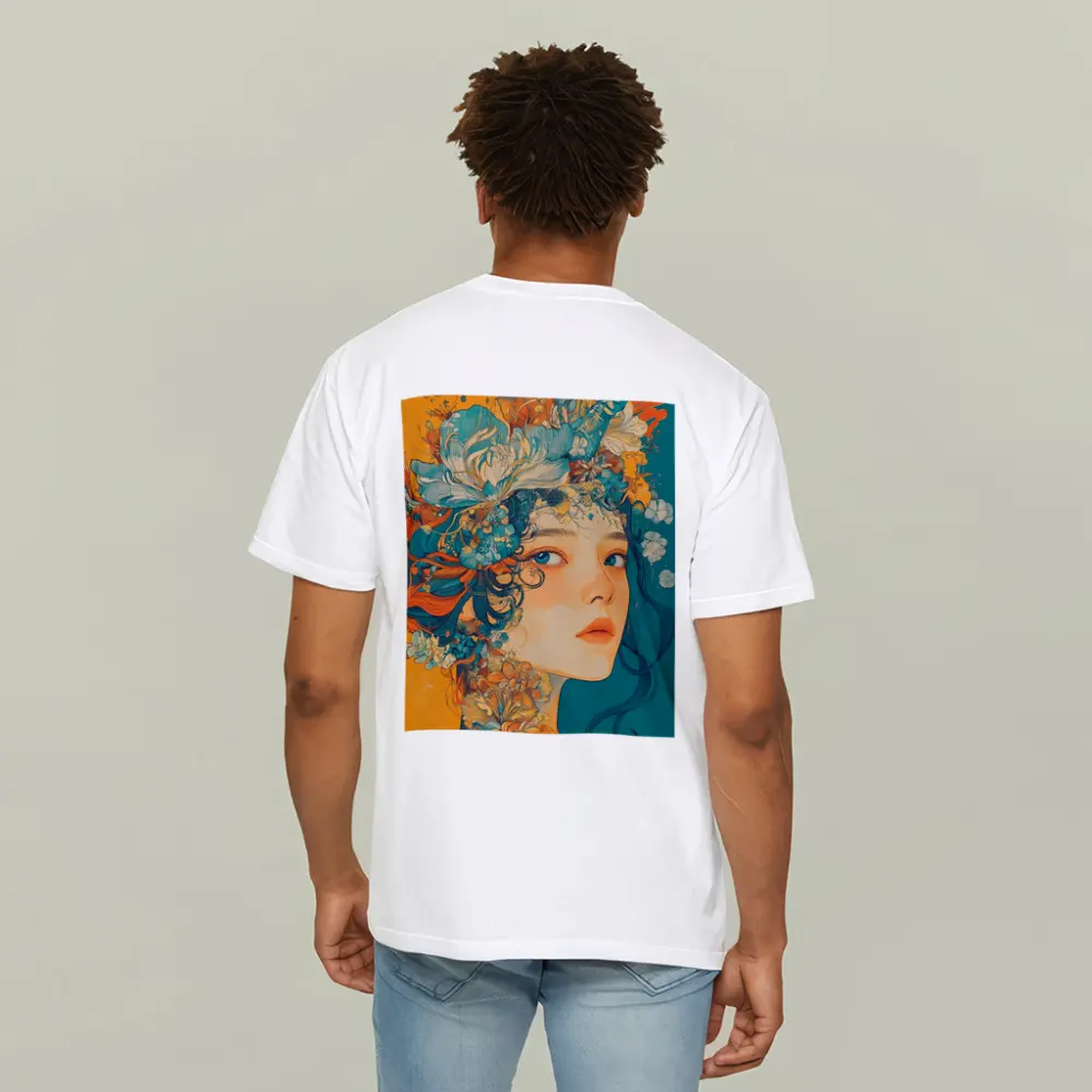 Floral Crown Woman Portrait Orange Teal Background – T-Shirts