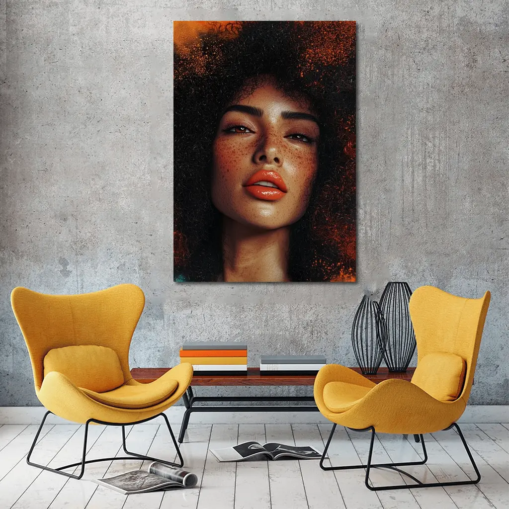Woman Afro Hair Bold Orange Background Portrait – Wall Art