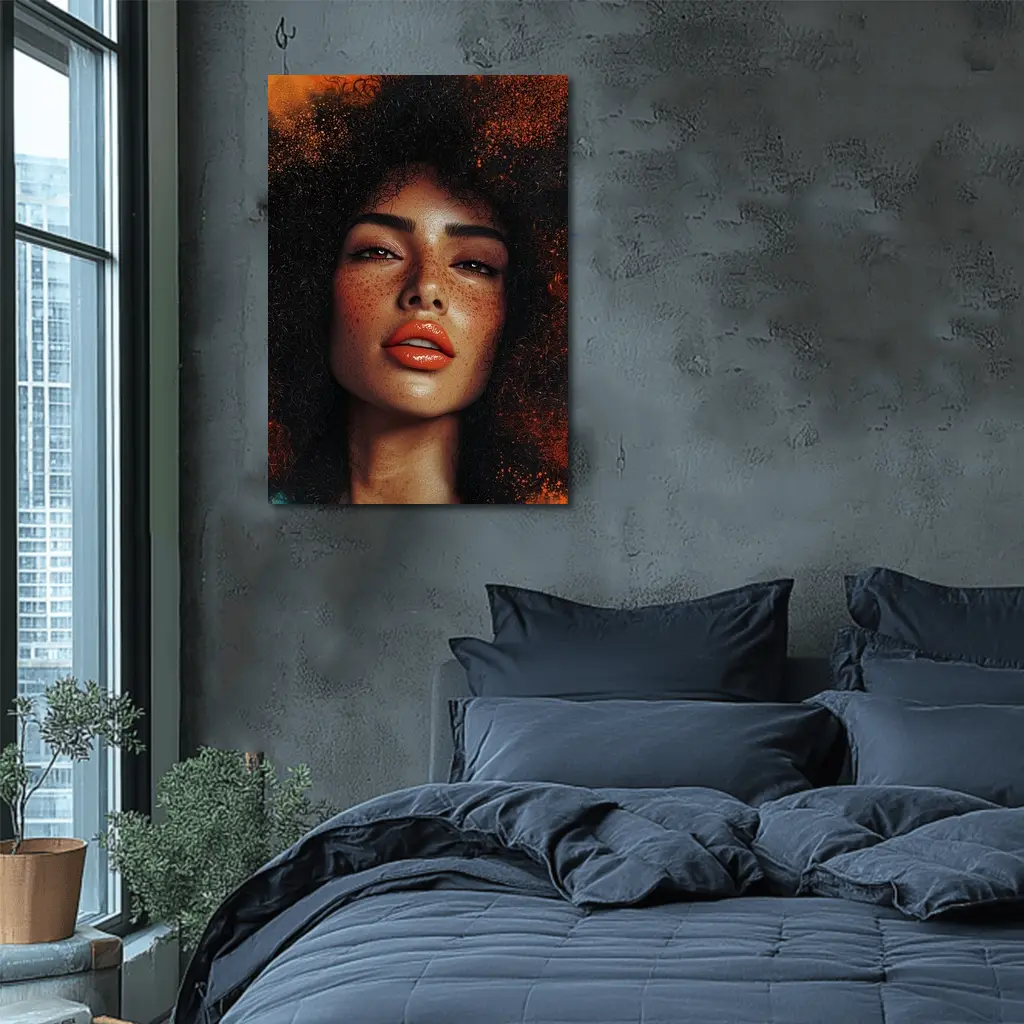 Woman Afro Hair Bold Orange Background Portrait – Wall Art