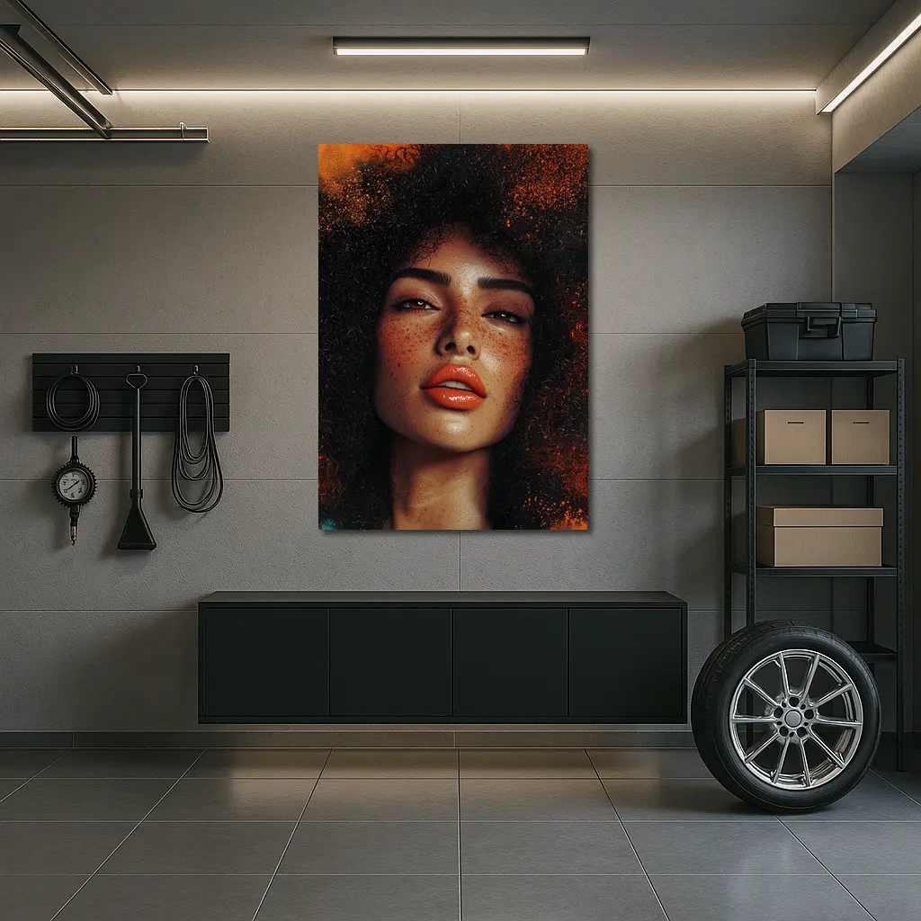 Woman Afro Hair Bold Orange Background Portrait – Wall Art