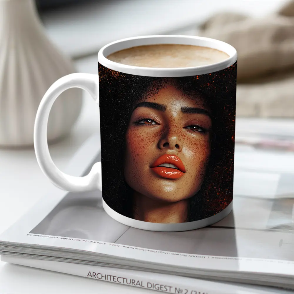 Woman Afro Hair Bold Orange Background Portrait – Mugs