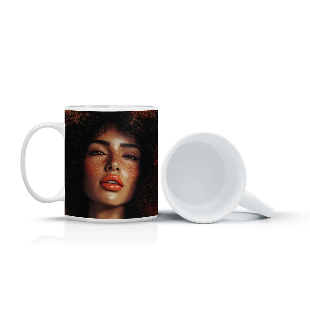 Woman Afro Hair Bold Orange Background Portrait – Mugs