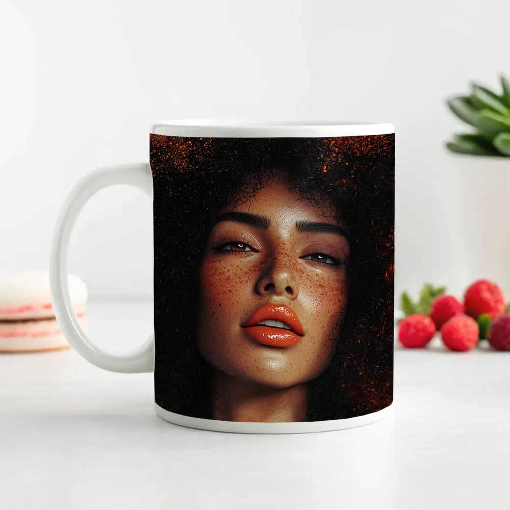 Woman Afro Hair Bold Orange Background Portrait – Mugs