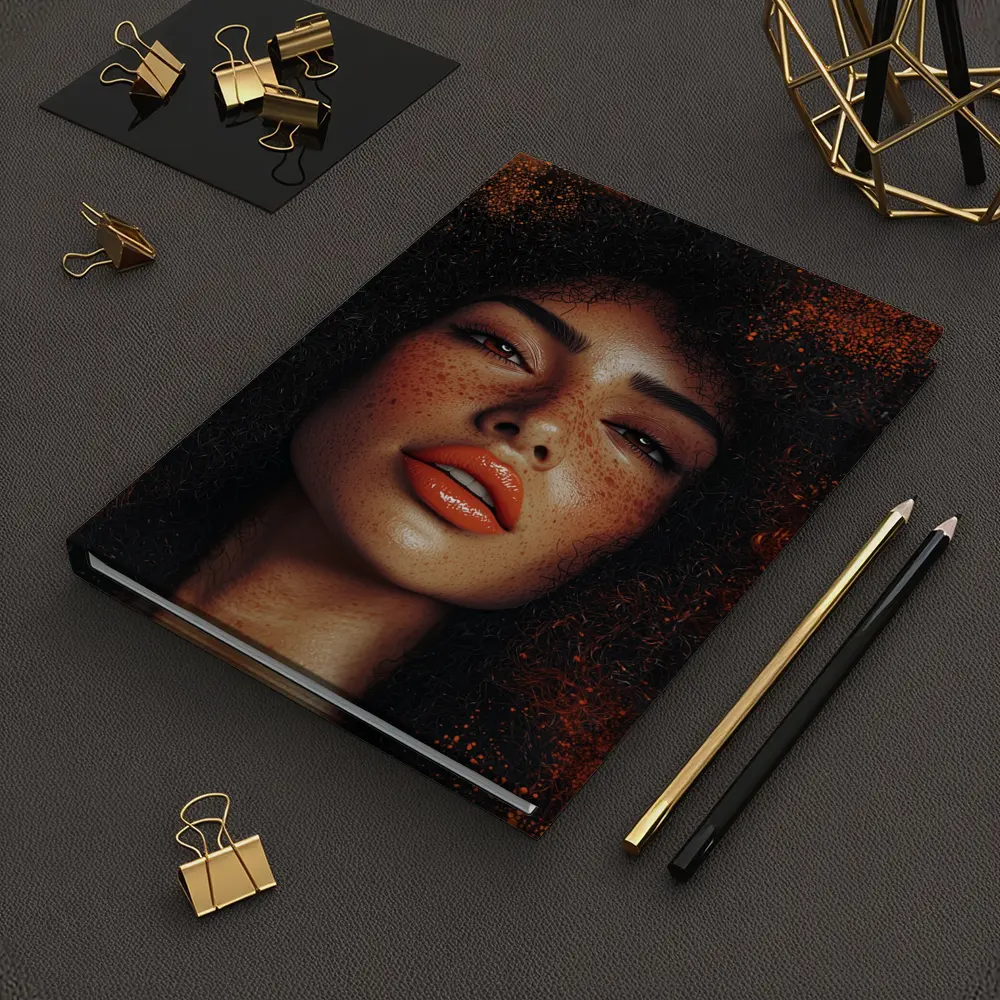 Woman Afro Hair Bold Orange Background Portrait – Notebooks