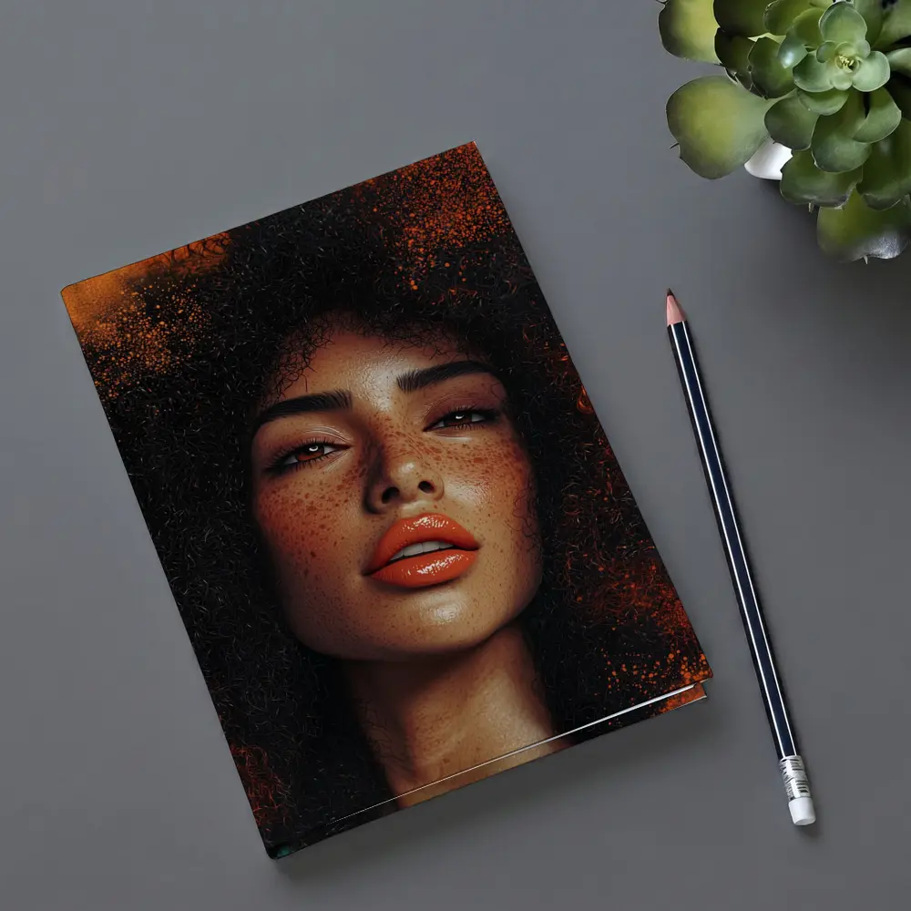 Woman Afro Hair Bold Orange Background Portrait – Notebooks