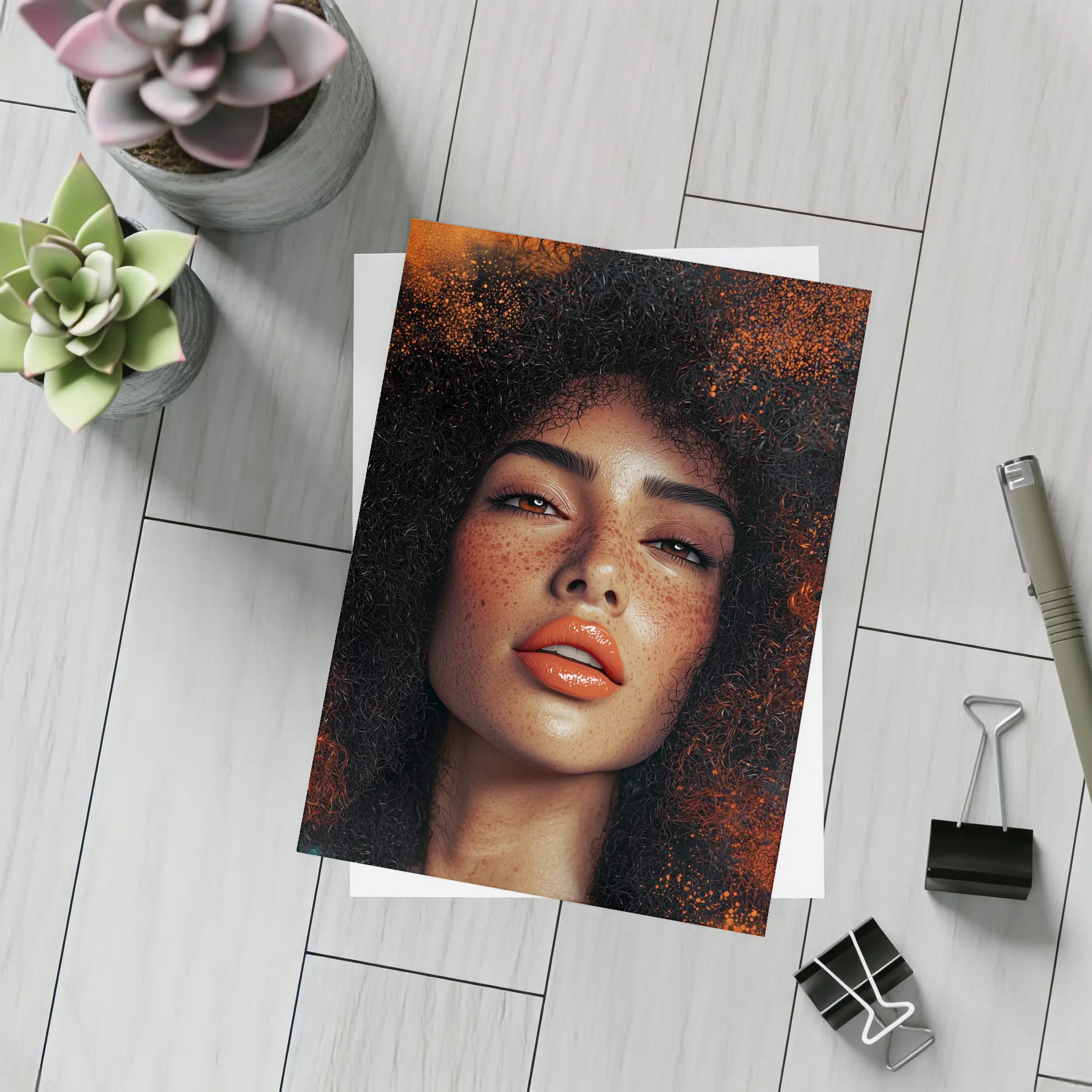 Woman Afro Hair Bold Orange Background Portrait – Postcards