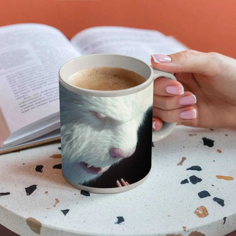 Giant White Bear Looming Over Human Hand – Mugs