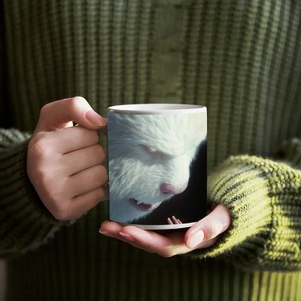 Giant White Bear Looming Over Human Hand – Mugs