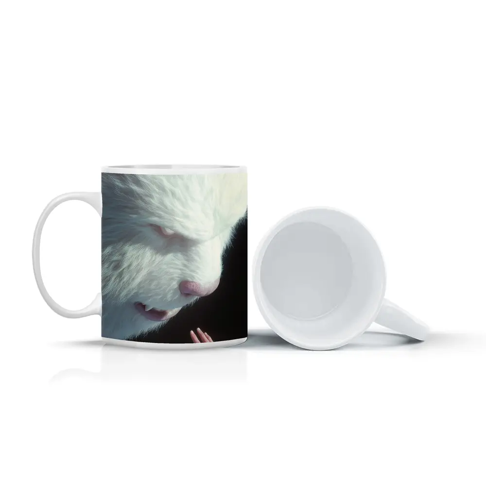 Giant White Bear Looming Over Human Hand – Mugs