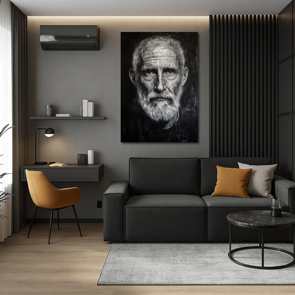 Old Man Portrait Black White Charcoal Art – Wall Art