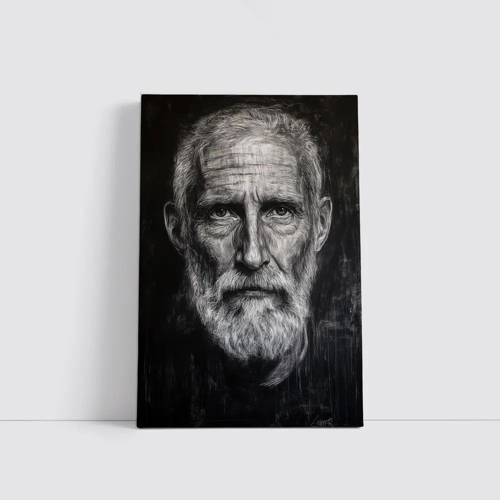 Old Man Portrait Black White Charcoal Art – Wall Art