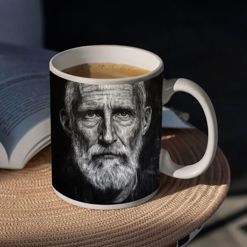 Old Man Portrait Black White Charcoal Art – Mugs